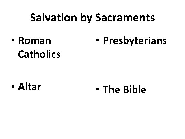 Salvation by Sacraments • Roman Catholics • Presbyterians • Altar • The Bible 