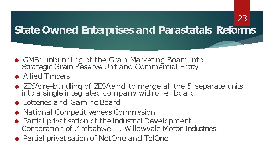 23 State Owned Enterprises and Parastatals Reforms GMB: unbundling of the Grain Marketing Board 23 State Owned Enterprises and Parastatals Reforms GMB: unbundling of the Grain Marketing Board