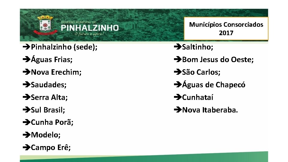 Municípios Consorciados 2017 Pinhalzinho (sede); Águas Frias; Nova Erechim; Saudades; Serra Alta; Sul Brasil;