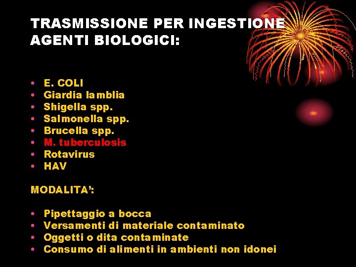 TRASMISSIONE PER INGESTIONE AGENTI BIOLOGICI: • • E. COLI Giardia lamblia Shigella spp. Salmonella