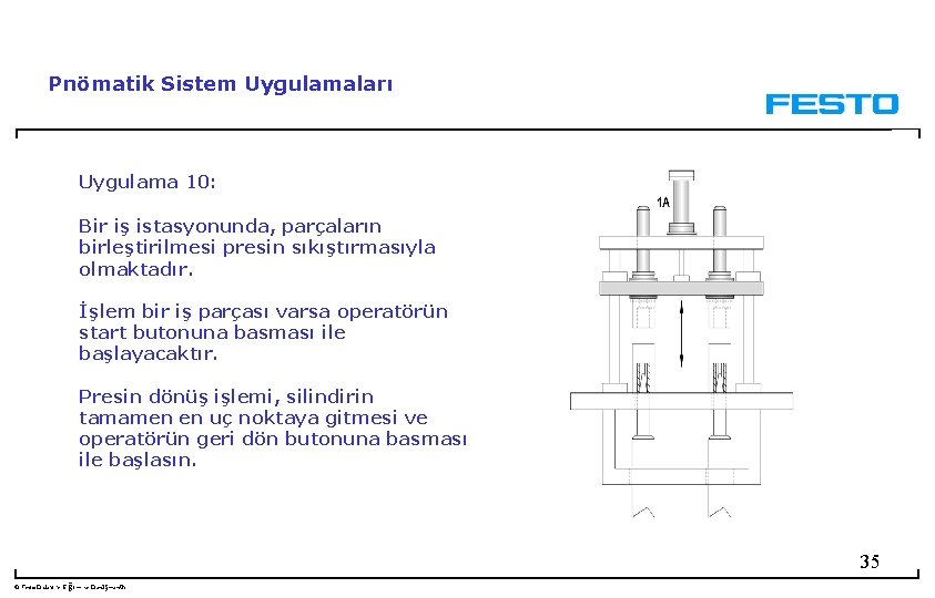 Pnömatik Sistem Uygulamaları Uygulama 10: Bir iş istasyonunda, parçaların birleştirilmesi presin sıkıştırmasıyla olmaktadır. İşlem
