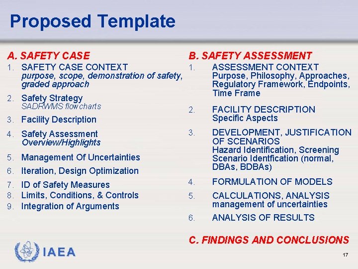 Proposed Template A. SAFETY CASE B. SAFETY ASSESSMENT 1. SAFETY CASE CONTEXT 1. 2.
