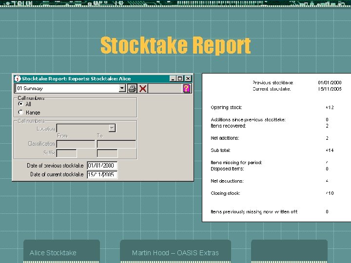 Stocktake Report Alice Stocktake Martin Hood – OASIS Extras 