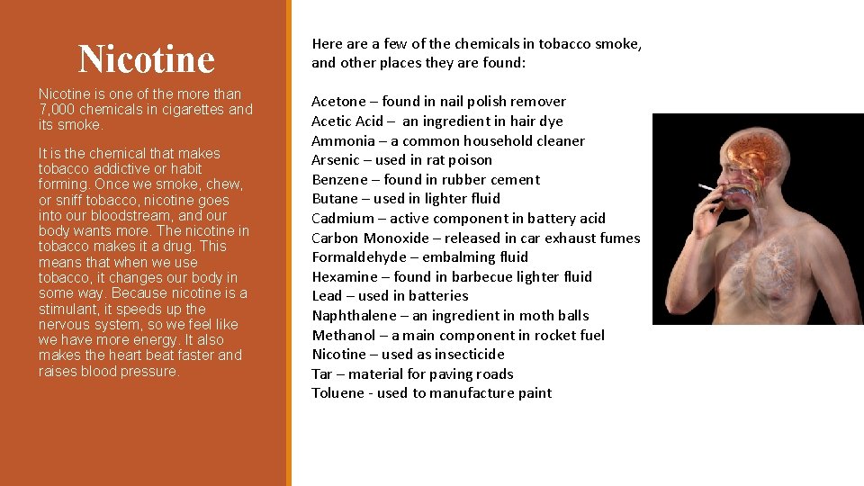Nicotine Here a few of the chemicals in tobacco smoke, and other places they