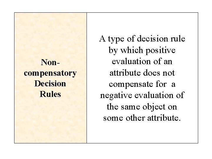 Noncompensatory Decision Rules A type of decision rule by which positive evaluation of an Noncompensatory Decision Rules A type of decision rule by which positive evaluation of an