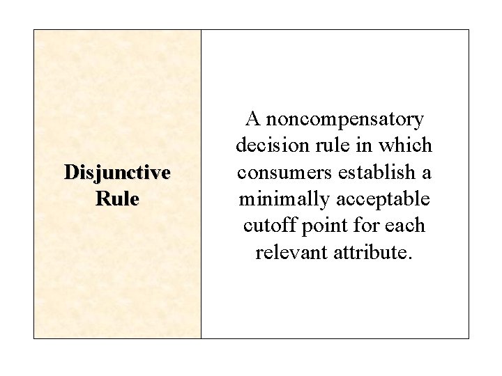 Disjunctive Rule A noncompensatory decision rule in which consumers establish a minimally acceptable cutoff Disjunctive Rule A noncompensatory decision rule in which consumers establish a minimally acceptable cutoff