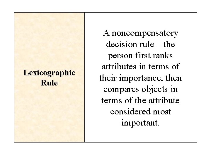 Lexicographic Rule A noncompensatory decision rule – the person first ranks attributes in terms Lexicographic Rule A noncompensatory decision rule – the person first ranks attributes in terms