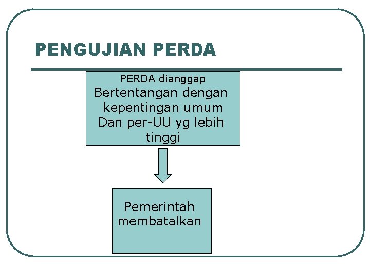 PENGUJIAN PERDA dianggap Bertentangan dengan kepentingan umum Dan per-UU yg lebih tinggi Pemerintah membatalkan