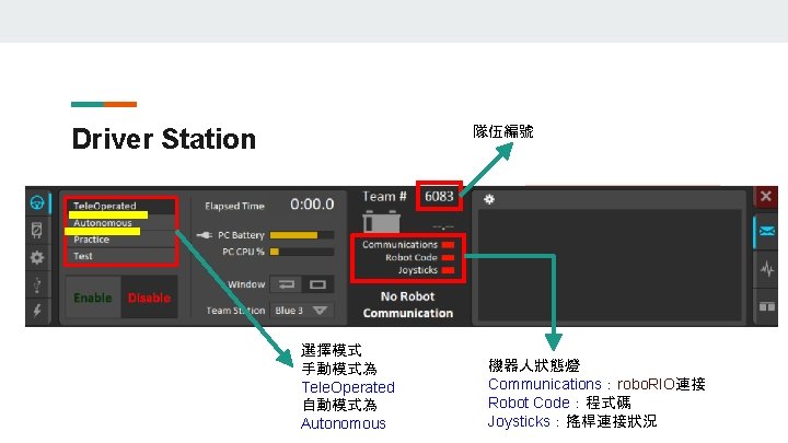 隊伍編號 Driver Station 選擇模式 手動模式為 Tele. Operated 自動模式為 Autonomous 機器人狀態燈 Communications：robo. RIO連接 Robot Code：程式碼