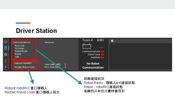 Driver Station Reboot robo. RIO: 重�機器人 Restart Robot Code: 重�機器人程式 詳細連接狀況 Robot Radio：機器人wifi連接狀態 Robot：robo.