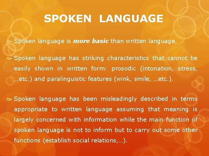 SPOKEN LANGUAGE Spoken language is more basic than written language. Spoken language has striking