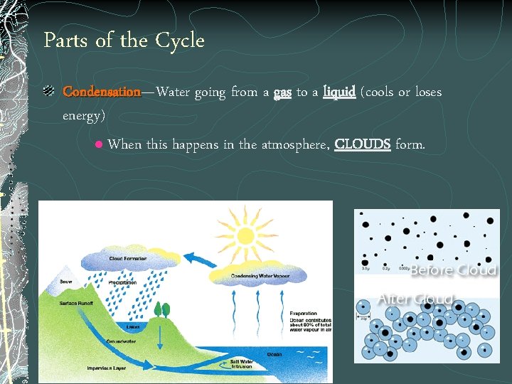 Parts of the Cycle Condensation—Water going from a gas to a liquid (cools or