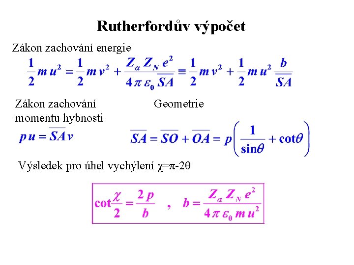 Rutherfordův výpočet Zákon zachování energie Zákon zachování momentu hybnosti Geometrie Výsledek pro úhel vychýlení