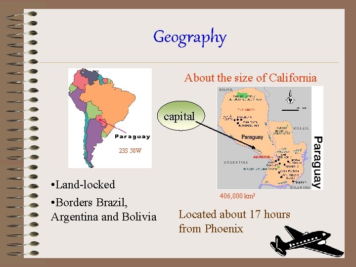 Geography About the size of California capital 23 S 58 W • Land-locked •