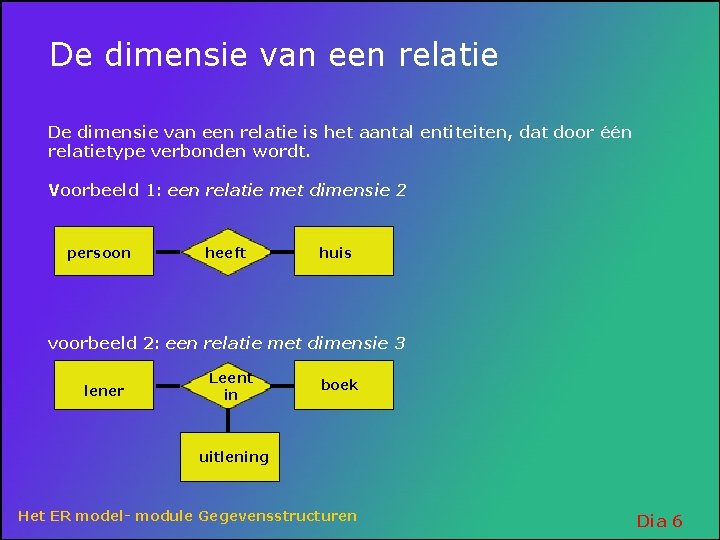 De dimensie van een relatie is het aantal entiteiten, dat door één relatietype verbonden