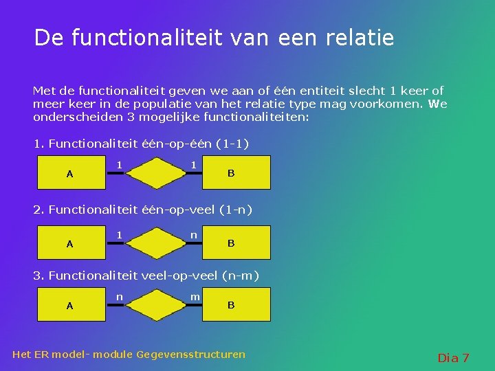 De functionaliteit van een relatie Met de functionaliteit geven we aan of één entiteit