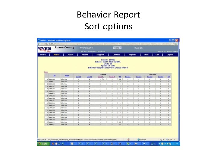 Behavior Report Sort options 