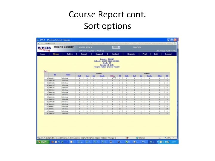 Course Report cont. Sort options 