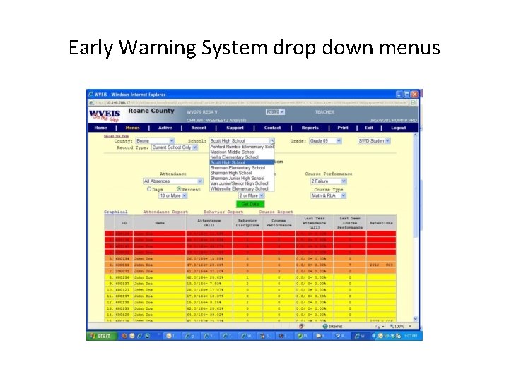Early Warning System drop down menus 