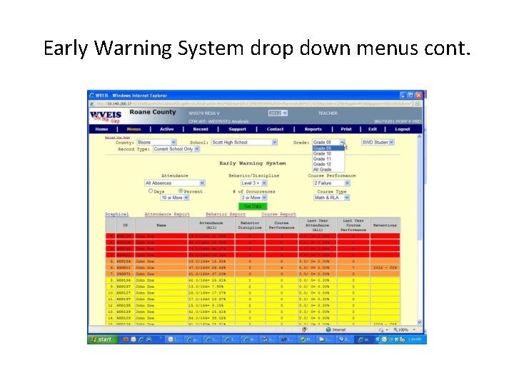 Early Warning System drop down menus cont. 