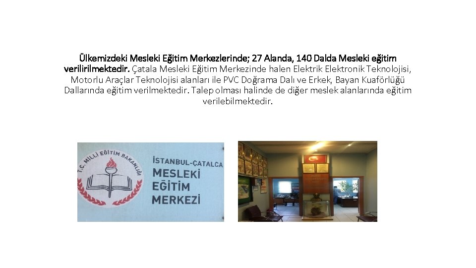 Ülkemizdeki Mesleki Eğitim Merkezlerinde; 27 Alanda, 140 Dalda Mesleki eğitim verilirilmektedir. Çatala Mesleki Eğitim