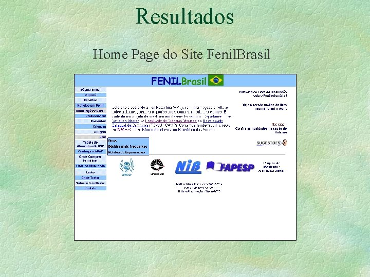 Resultados Home Page do Site Fenil. Brasil 