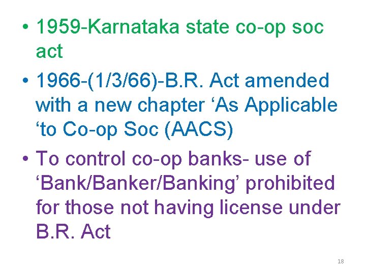  • 1959 -Karnataka state co-op soc act • 1966 -(1/3/66)-B. R. Act amended