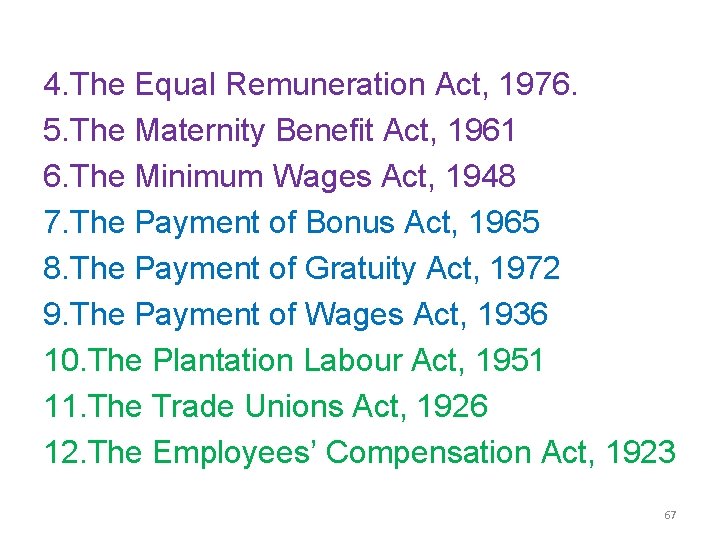 4. The Equal Remuneration Act, 1976. 5. The Maternity Benefit Act, 1961 6. The