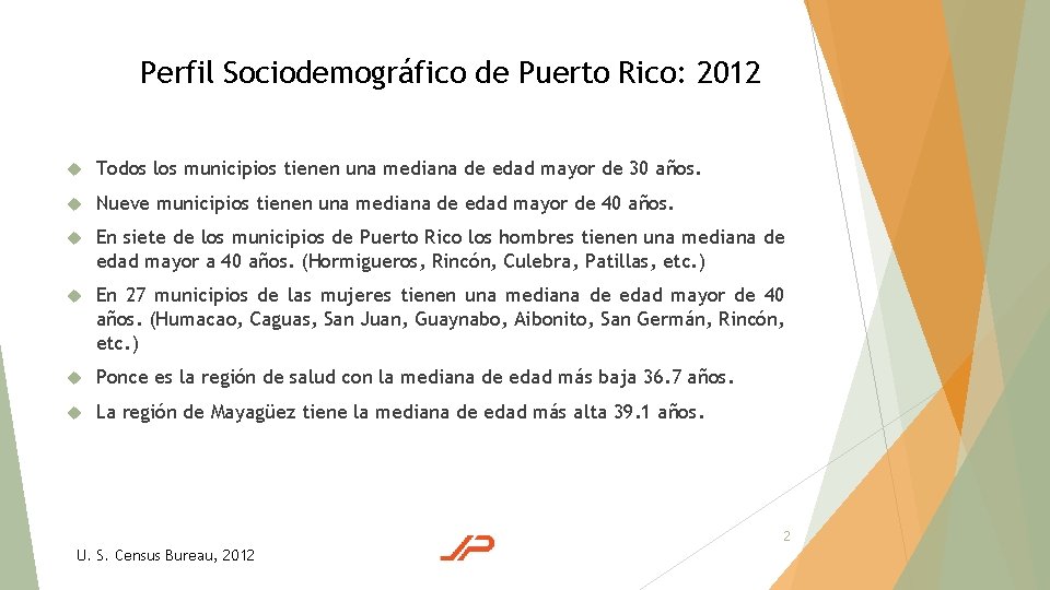 Perfil Sociodemográfico de Puerto Rico: 2012 Todos los municipios tienen una mediana de edad