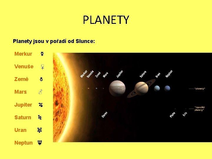 PLANETY Planety jsou v pořadí od Slunce: Merkur ☿ Venuše ♀ Země ♁ Mars