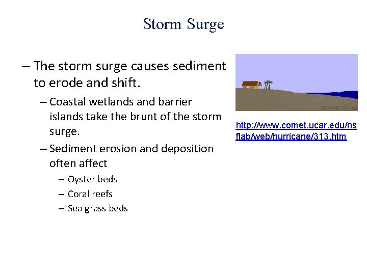 Storm Surge – The storm surge causes sediment to erode and shift. – Coastal