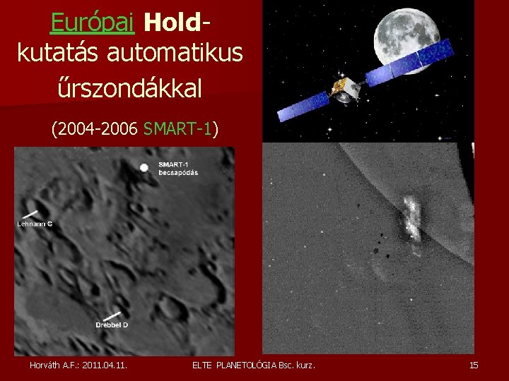Európai Holdkutatás automatikus űrszondákkal (2004 -2006 SMART-1) Horváth A. F. : 2011. 04. 11. Európai Holdkutatás automatikus űrszondákkal (2004 -2006 SMART-1) Horváth A. F. : 2011. 04. 11.