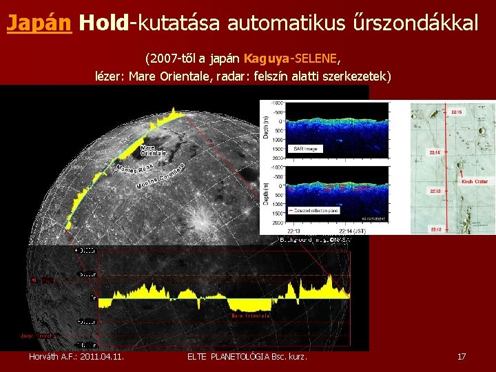Japán Hold-kutatása automatikus űrszondákkal (2007 -től a japán Kaguya-SELENE, lézer: Mare Orientale, radar: felszín Japán Hold-kutatása automatikus űrszondákkal (2007 -től a japán Kaguya-SELENE, lézer: Mare Orientale, radar: felszín