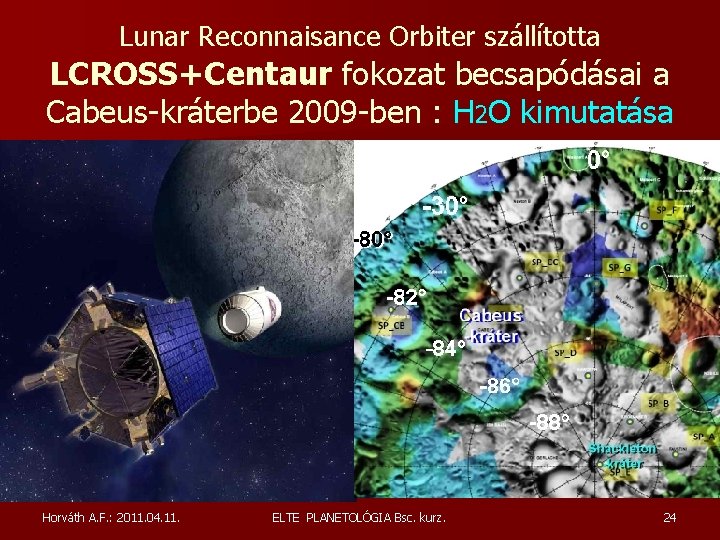 Lunar Reconnaisance Orbiter szállította LCROSS+Centaur fokozat becsapódásai a Cabeus-kráterbe 2009 -ben : H 2 Lunar Reconnaisance Orbiter szállította LCROSS+Centaur fokozat becsapódásai a Cabeus-kráterbe 2009 -ben : H 2