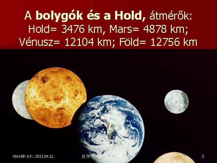 A bolygók és a Hold, átmérők: Hold= 3476 km, Mars= 4878 km; Vénusz= 12104 A bolygók és a Hold, átmérők: Hold= 3476 km, Mars= 4878 km; Vénusz= 12104