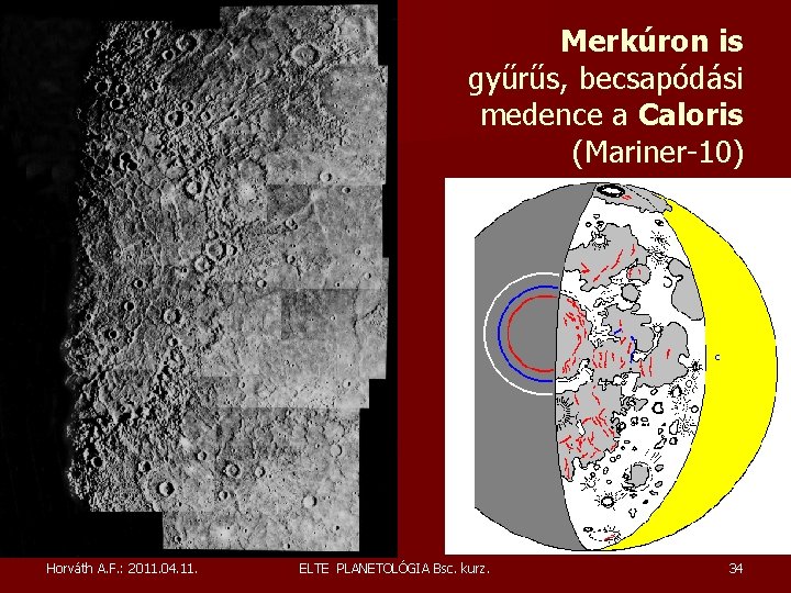 Merkúron is gyűrűs, becsapódási medence a Caloris (Mariner-10) Horváth A. F. : 2011. 04. Merkúron is gyűrűs, becsapódási medence a Caloris (Mariner-10) Horváth A. F. : 2011. 04.