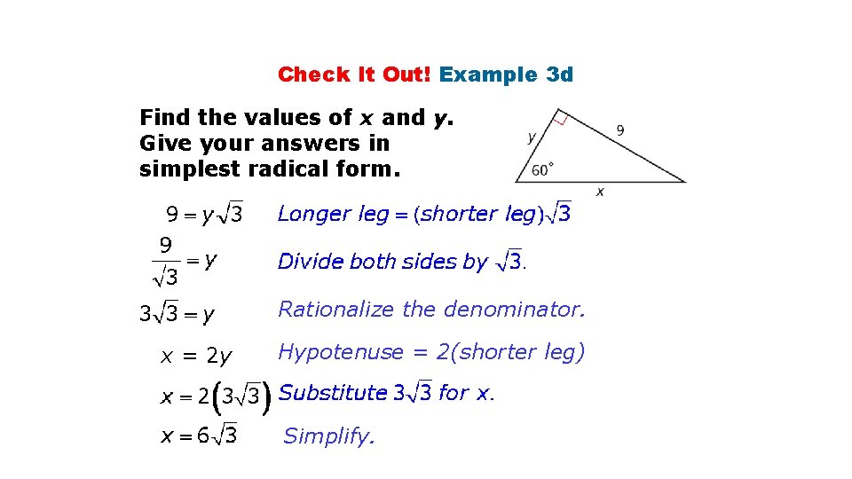 Check It Out! Example 3 d Find the values of x and y. Give