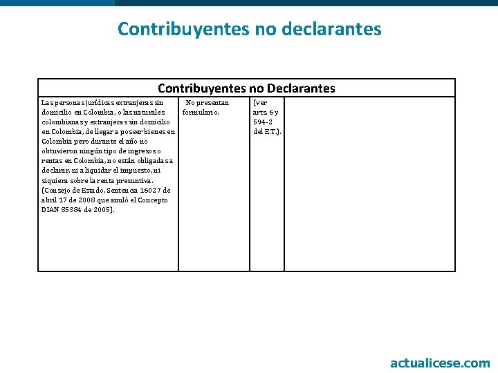 Contribuyentes no declarantes Contribuyentes no Declarantes Las personas jurídicas extranjeras sin No presentan domicilio