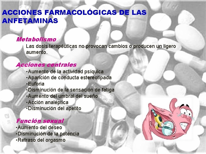 ACCIONES FARMACOLÓGICAS DE LAS ANFETAMINAS Metabolismo Las dosis terapéuticas no provocan cambios o producen