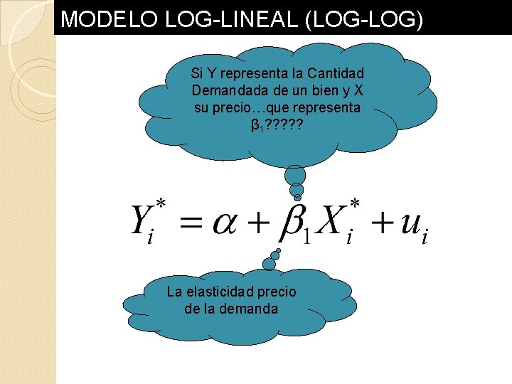 MODELO LOG-LINEAL (LOG-LOG) Si Y representa la Cantidad Demandada de un bien y X MODELO LOG-LINEAL (LOG-LOG) Si Y representa la Cantidad Demandada de un bien y X
