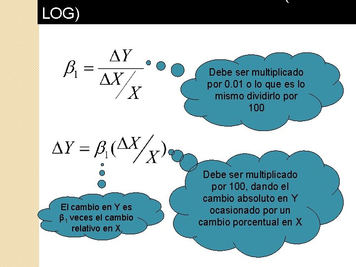 MODELO SEMI-LOGARITMICOS (LINLOG) Debe ser multiplicado por 0. 01 o lo que es lo MODELO SEMI-LOGARITMICOS (LINLOG) Debe ser multiplicado por 0. 01 o lo que es lo
