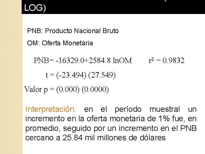 MODELO SEMI-LOGARITMICOS (LINLOG) PNB: Producto Nacional Bruto OM: Oferta Monetaria PNB= -16329. 0+2584. 8 MODELO SEMI-LOGARITMICOS (LINLOG) PNB: Producto Nacional Bruto OM: Oferta Monetaria PNB= -16329. 0+2584. 8