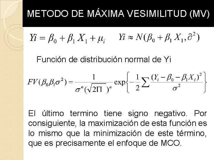 METODO DE MÁXIMA VESIMILITUD (MV) Función de distribución normal de Yi El último termino METODO DE MÁXIMA VESIMILITUD (MV) Función de distribución normal de Yi El último termino