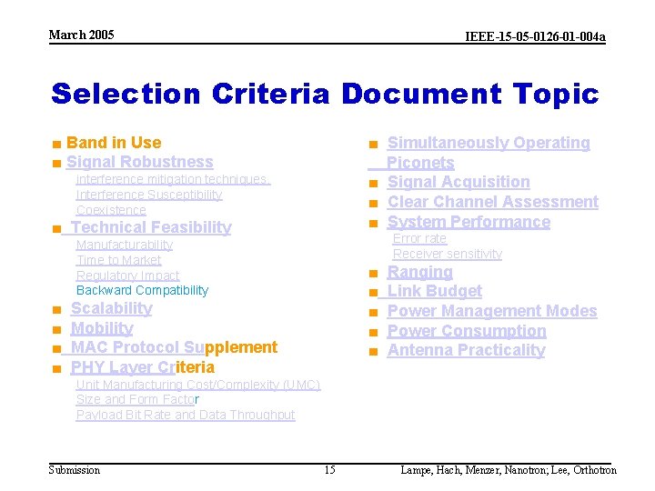 March 2005 IEEE-15 -05 -0126 -01 -004 a Selection Criteria Document Topic ■ Band