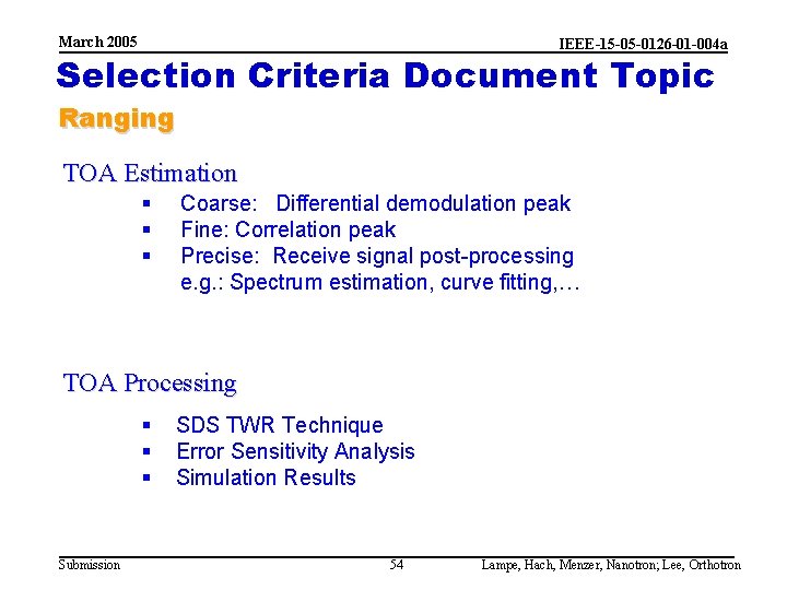 March 2005 IEEE-15 -05 -0126 -01 -004 a Selection Criteria Document Topic Ranging TOA