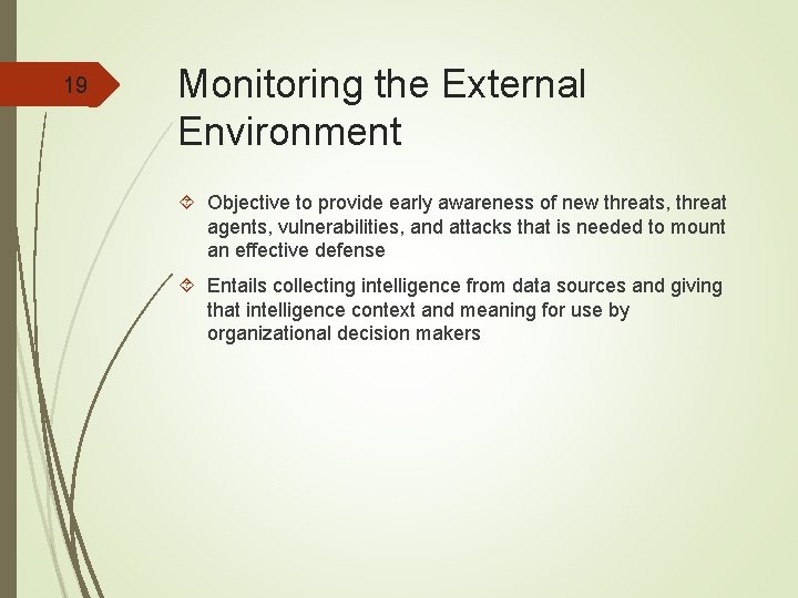 19 Monitoring the External Environment Objective to provide early awareness of new threats, threat