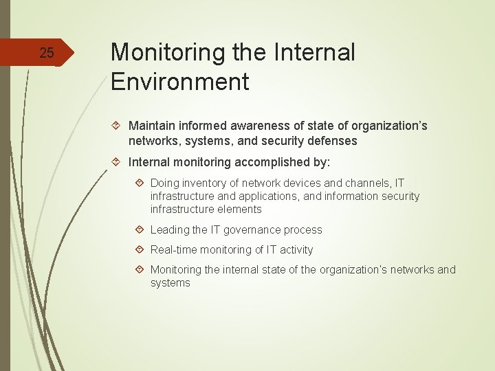 25 Monitoring the Internal Environment Maintain informed awareness of state of organization’s networks, systems,