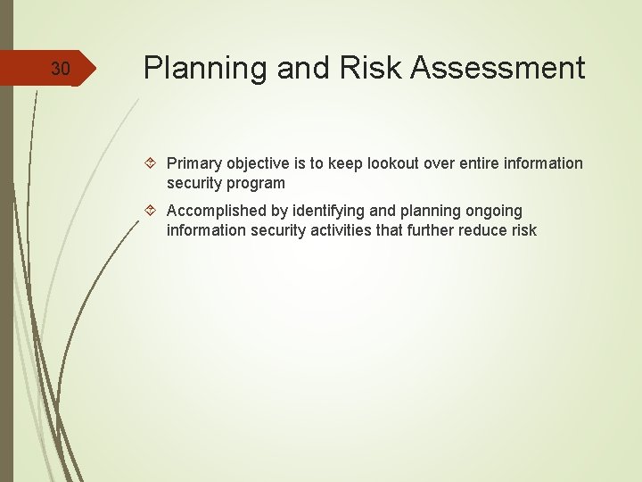 30 Planning and Risk Assessment Primary objective is to keep lookout over entire information