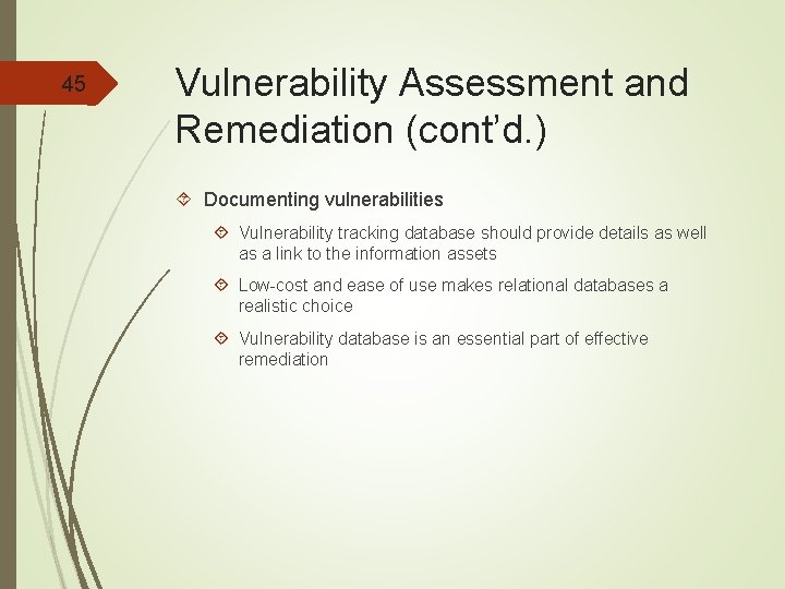 45 Vulnerability Assessment and Remediation (cont’d. ) Documenting vulnerabilities Vulnerability tracking database should provide