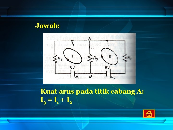 Jawab: Kuat arus pada titik cabang A: I 3 = I 1 + I